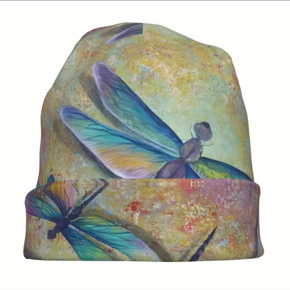 Set of 3 Boho Dragonfly Knit Beanies, Stretchy Soft Polyester Cancer Cap - Picture 7 of 8